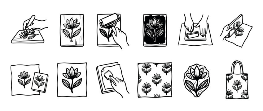 Linocut printmaking process icon set shows the steps of carving a flower stamp, inking with a brayer, and printing on paper and a tote bag in a hand-drawn doodle style