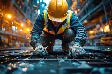 Worker in Yellow Hard Hat Working on an Unfinished Building with Crane Nearby