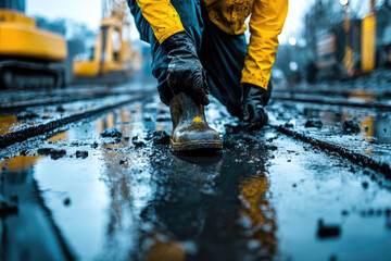 Worker in Yellow Hard Hat Working on an Unfinished Building with Crane Nearby