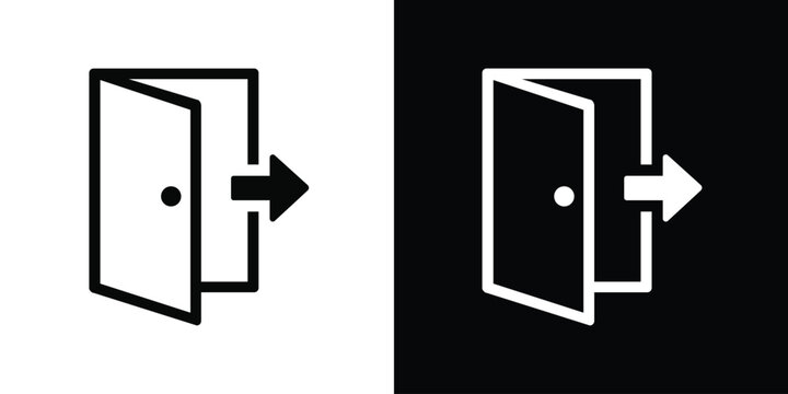 Exit door vector icon with arrow. Emergency out, escape route, and doorway symbol for building safety, navigation, and logout interface design elements.