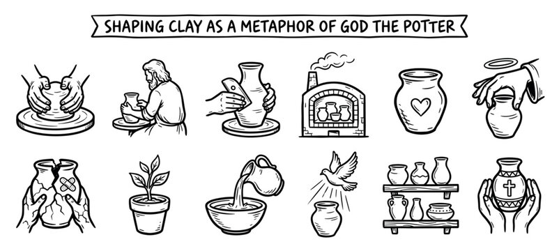 Hand drawn icon set illustrating the Christian metaphor of the potter and clay with various stages of pottery making, from shaping on a wheel to a finished vase with a cross