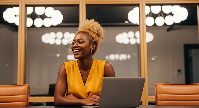 african american businesswoman smiling laughing in modern office embodying professional success positive and inclusive work environment.