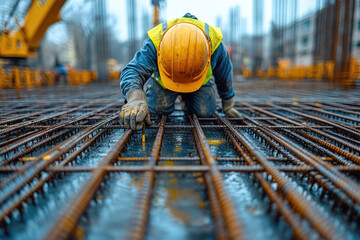 Safety Vest and Hard Hat Construction Worker on an Unfinished Building Site