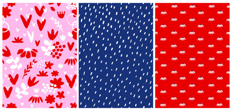 Pink, Blue and Red Seamless Vector Patterns With Flowers, Spots And Hearts. Abstract Doodle Style Flower And Geometric Design Prefect. Irregular Hand Drawn Childish Style Floral Patterns.