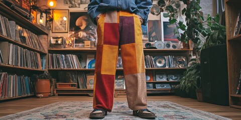 Multicolored patchwork corduroy pants in a vintage setting.