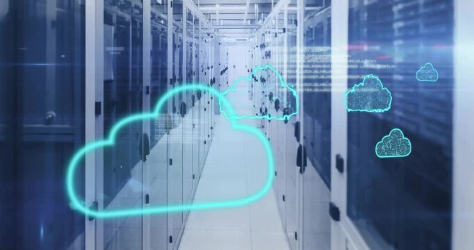 Cloud computing animation over servers in data center