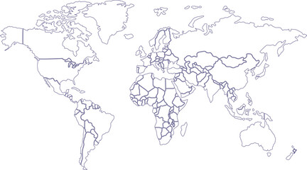Simple World Map Outline with Country Borders, Vector Illustration
