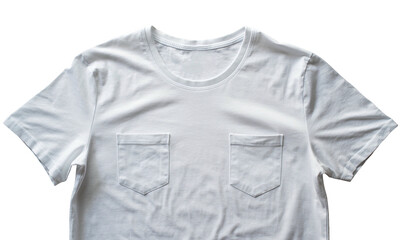 Close-up of a plain white t-shirt with two square chest pockets