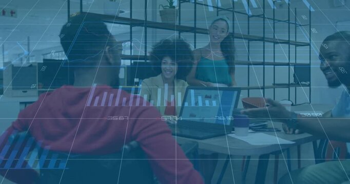Man presenting idea in business meeting activating animated graphs and colleagues analyzing metrics