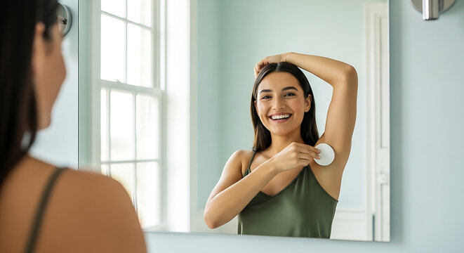 a smiling young woman applying underarm product with a cotton pad reflected in a bathroom mirror showcasing daily self-care.