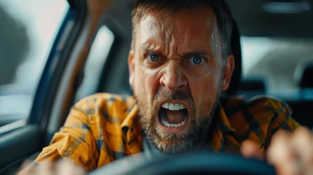 An enraged driver shouts behind the wheel, illustrating the problem of road rage, which is relevant content for social campaigns on road safety.

