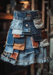 Multi-layered denim patchwork skirt.