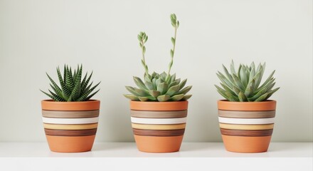 Fototapeta premium Three potted succulent plants in terracotta pots, a modern home decor element, arranged on white surface