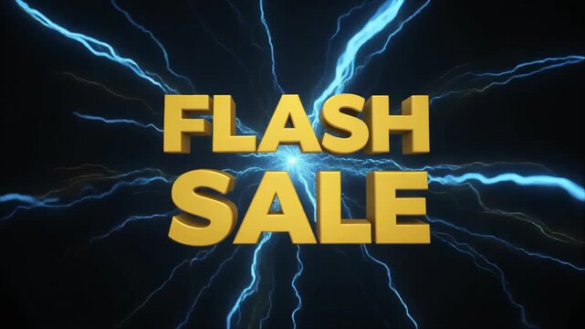 Flash Sale Announcement with Energetic Electric Sparks and Glowing 3D Golden Text Against a Dark Background