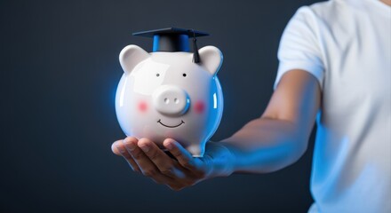 Saving for Education: Hand Holding Piggy Bank Wearing Graduation Cap, Illustrating College Fund and Financial Planning