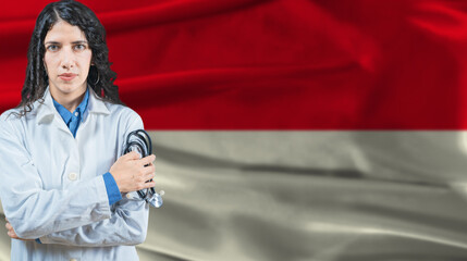 Fototapeta premium Indonesian national health system, Medical professional on Indonesia flag background