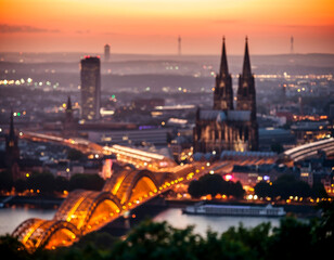 Obraz premium Blurred Cologne city skyline with soft focus and urban atmosphere. Defocused European travel background suitable for tourism marketing, lifestyle themes and metropolitan concepts.