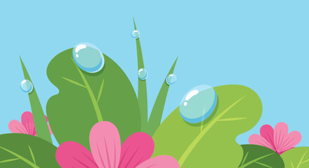 Pink Flowers and Green Leaves with Dew Drops.