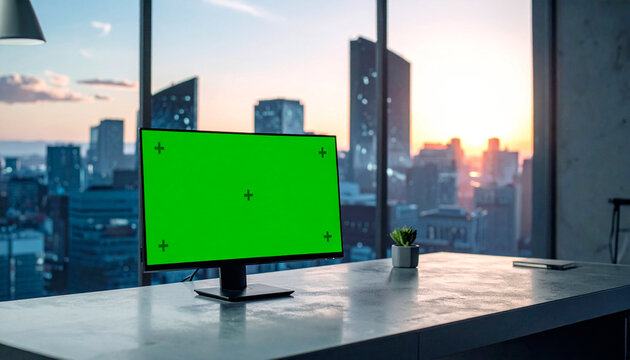 Green Screen Computer Monitor on Modern Office Desk with City View at Golden Hour. Ideal Tech Mockup for Business Presentations, Digital Content, and Advertising.