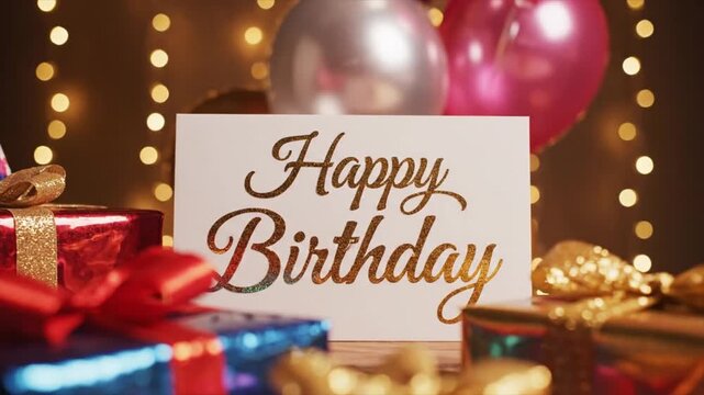 Golden Happy Birthday Greeting Card Surrounded by Gifts, Balloons, and Festive Bokeh Lights