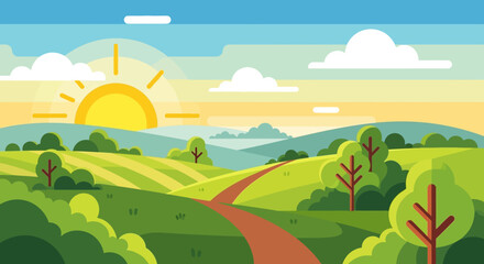 Serene Landscape with Rolling Hills and Trees.