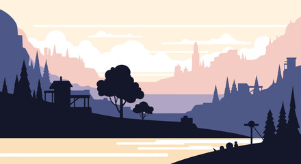 Serene Landscape with Trees and Water Body.