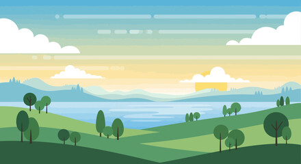 Serene Landscape with Trees and Rolling Hills.