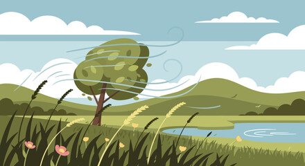 Single Tree Standing in Green Landscape.