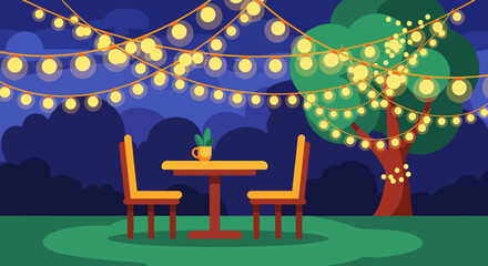 Table and Chairs Under String Lights.