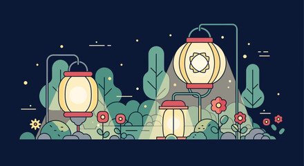 Three Lanterns in Night Scene Illustration.