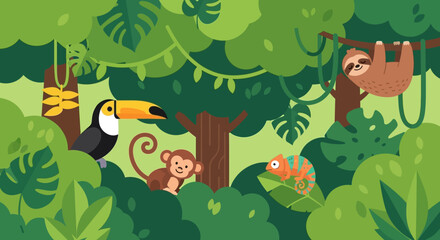 Tropical Animals in Jungle Cartoon Scene.
