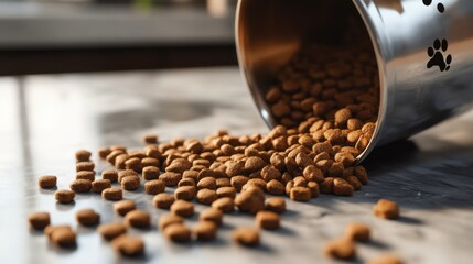Dog food spills from a metal container onto a countertop.