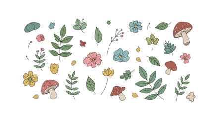 Watercolor Illustration of Mushrooms and Foliage.