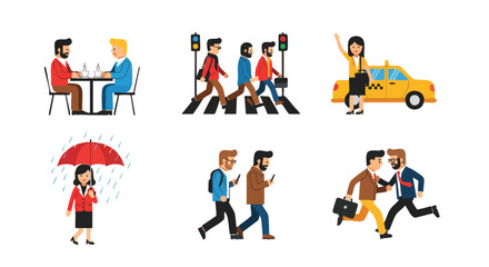 Fototapeta premium Business people engaging in various daily activities, including meetings, commuting, and informal interactions.