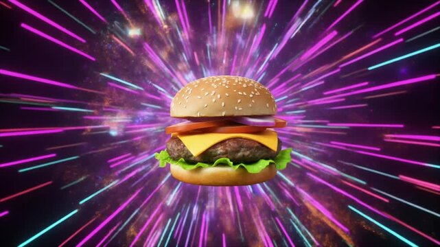 Juicy double cheeseburger with melted cheese and fresh lettuce on a sesame seed bun exploding in a vibrant burst of neon light and color, creating an appetizing and dynamic visual