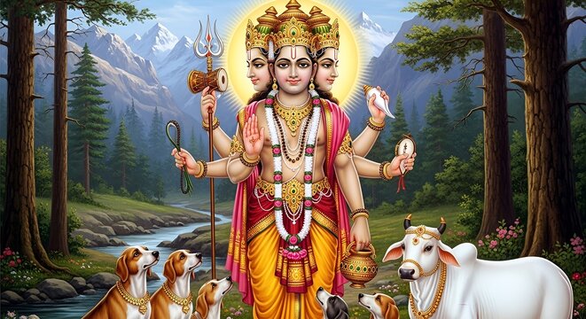 Majestic Illustration of Lord Dattatreya with Animals in Scenic Mountain Landscape