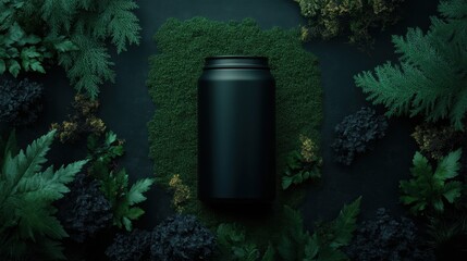 Dark, matte beverage can surrounded by lush foliage.