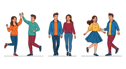 Obraz premium Happy Couples and Friends in Action: High Fives, Holding Hands, and Dancing.