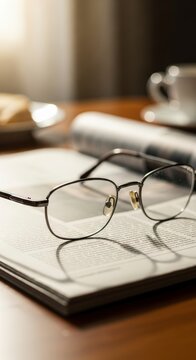 Glasses on a wooden office desk.