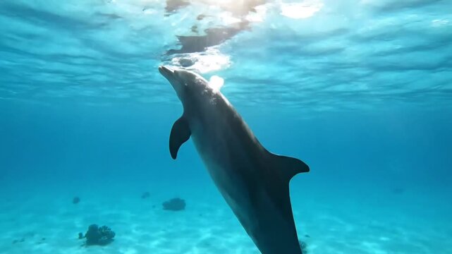 A wild bottlenose dolphin creates a majestic splash while jumping out of the deep blue ocean water