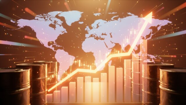 An oil barrels with rising graph and world map showing global energy growth and energy trading markets