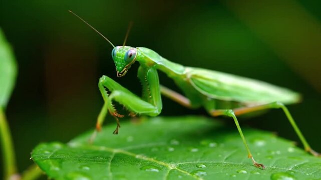 A macro close-up of a green praying mantis and a grasshopper resting on a leaf, isolated as a wild insect predator against a white background