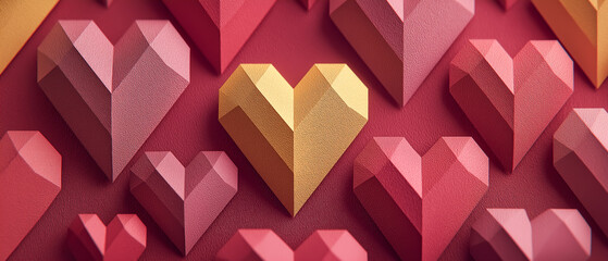 低ポリゴンのハートが並ぶ背景　差し色のゴールドで特別感