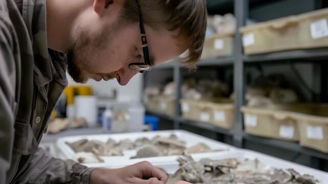 A scientist wearing glasses meticulously studies ancient fossils on a work table surrounded by archive boxes, emphasising the importance of preserving historical heritage. The ideal backdrop for scien