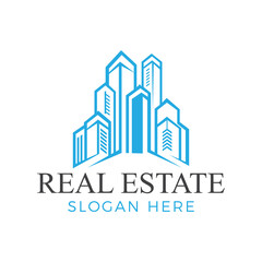 Modern real estate logo with sleek cityscape and professional branding