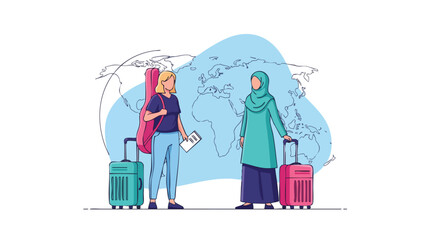 Fototapeta premium Two Young Women with Luggage and Guitar Case Stand Beside a World Map, Ready for Travel.