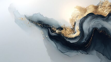 Abstract fluid art with gold accents and ink wash effect on a light background