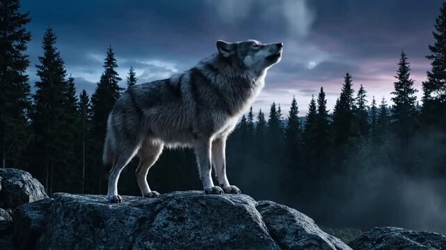 A portrait of a wild gray wolf predator standing in the snow-covered winter forest, showing the thick fur and intense head of this majestic canine mammal