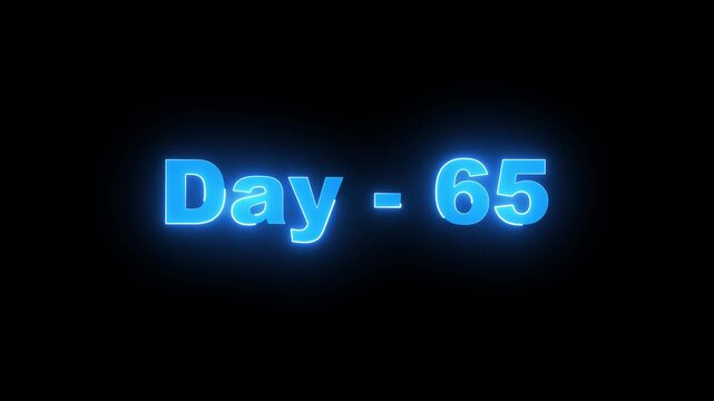 A striking digital graphic featuring the text Day 65 in a vibrant neon blue glow, set against a dark black background for a modern countdown or milestone tracker.