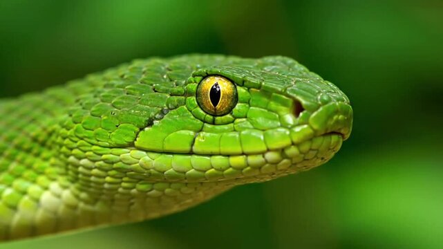 A closeup of the head and eye of a dangerous green reptile with vibrant scales as the wild python snake rests in the grass and nature